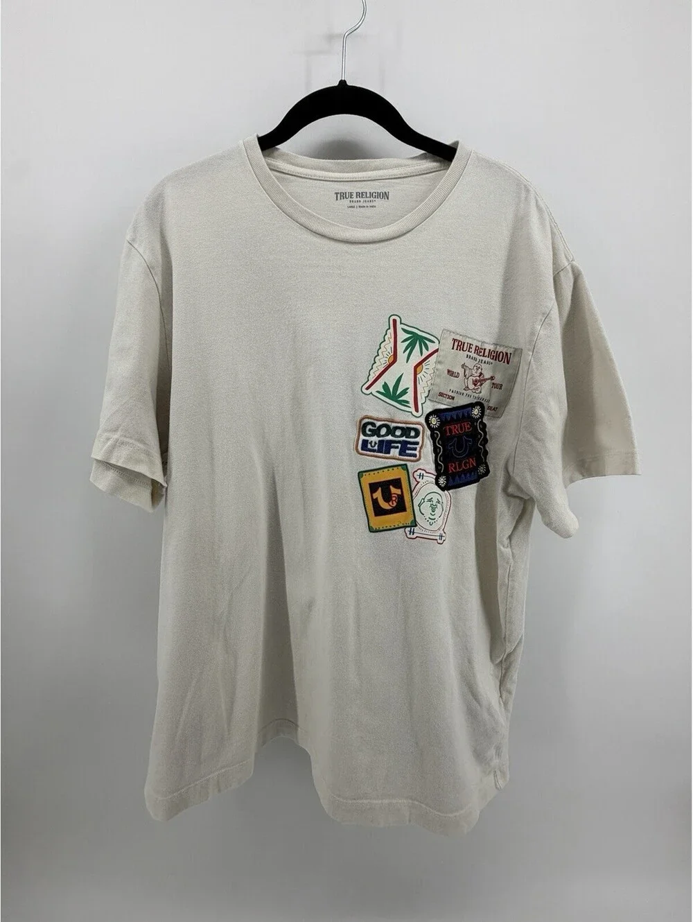True Religion Men’s Large SS Resort Patch Tee Ivory 100% Cotton Graphic